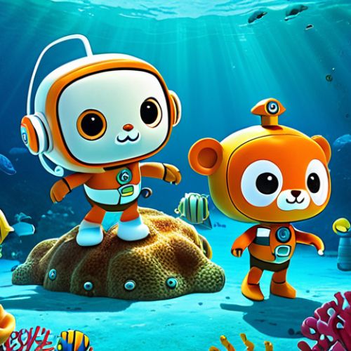 Home 13 **Image Prompt 1: Colorful Characters Underwater**
- Create an illustration of the main characters from the Octonauts series, including Captain Barnacles and Tweak, exploring a vibrant underwater world filled with colorful marine life and coral reefs. The scene should convey adventure and excitement.