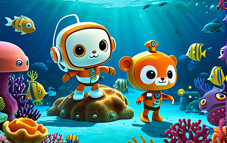 **Image Prompt 1: Colorful Characters Underwater**
- Create an illustration of the main characters from the Octonauts series, including Captain Barnacles and Tweak, exploring a vibrant underwater world filled with colorful marine life and coral reefs. The scene should convey adventure and excitement.