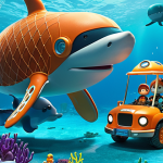 **Octonauts Crew Saving a Whale:** "The Octonauts crew in their Gup vehicles rescuing a whale entangled in a net, underwater scene, bright colors, Octopod in the background."