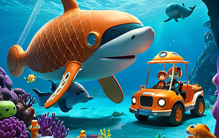 **Octonauts Crew Saving a Whale:** "The Octonauts crew in their Gup vehicles rescuing a whale entangled in a net, underwater scene, bright colors, Octopod in the background."