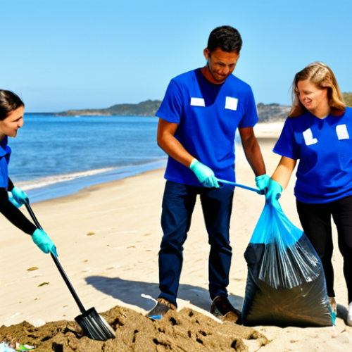 Home 22 A diverse group of professional environmental volunteers, fully clothed in modest, practical outdoor attire, actively participating in a coastal cleanup. They are collecting light debris into reusable bags on a clean, sunny beach with clear blue water and golden sand, showing a sense of accomplishment and teamwork. The scene emphasizes environmental stewardship and a pristine natural environment. safe for work, appropriate content, professional dress, perfect anatomy, correct proportions, natural pose, well-formed hands, proper finger count, natural body proportions, professional photography, high quality, family-friendly.
