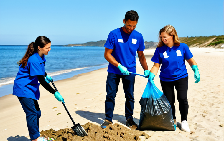 A diverse group of professional environmental volunteers, fully clothed in modest, practical outdoor attire, actively participating in a coastal cleanup. They are collecting light debris into reusable bags on a clean, sunny beach with clear blue water and golden sand, showing a sense of accomplishment and teamwork. The scene emphasizes environmental stewardship and a pristine natural environment. safe for work, appropriate content, professional dress, perfect anatomy, correct proportions, natural pose, well-formed hands, proper finger count, natural body proportions, professional photography, high quality, family-friendly.