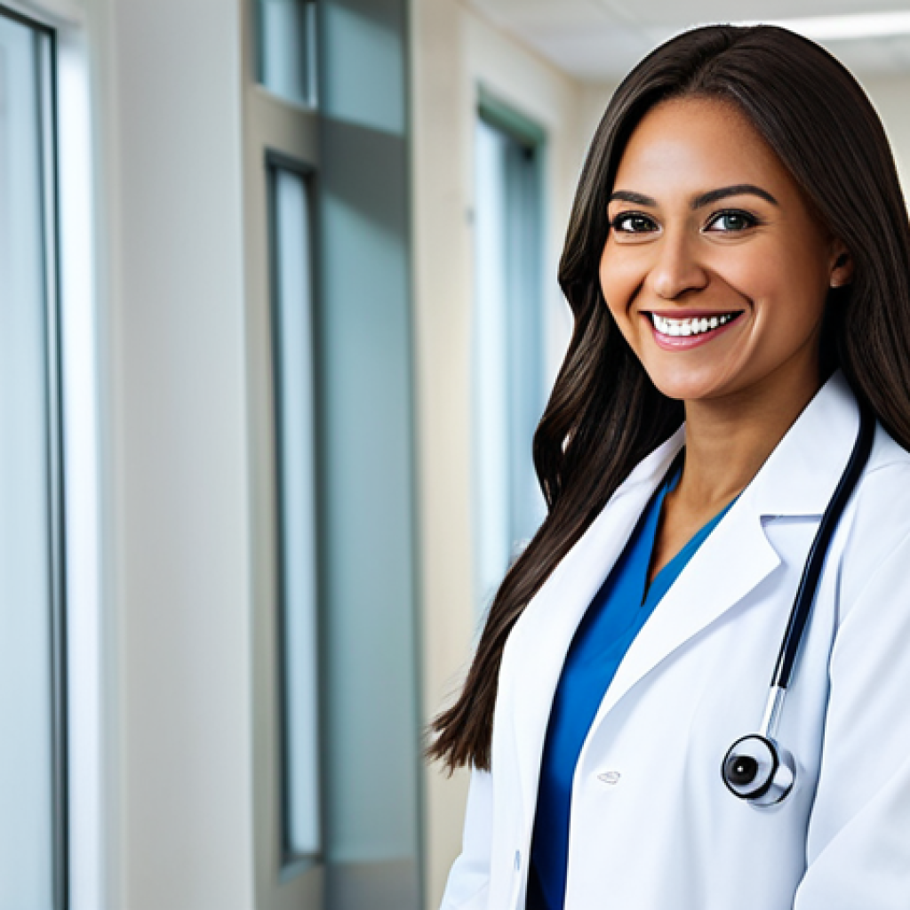 **

A professional female doctor in a modern, well-lit hospital office, fully clothed in a modest white coat and stethoscope, smiling warmly, safe for work, appropriate content, perfect anatomy, natural proportions, professional medical photography, high quality.

**
