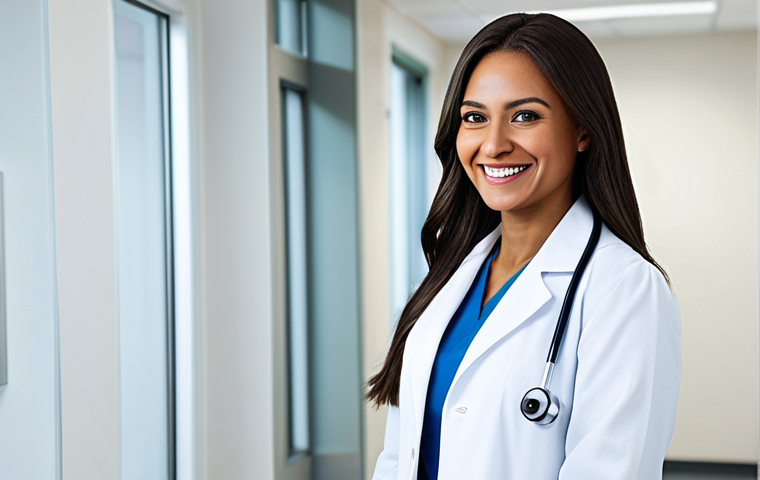 **
A professional female doctor in a modern, well-lit hospital office, fully clothed in a modest white coat and stethoscope, smiling warmly, safe for work, appropriate content, perfect anatomy, natural proportions, professional medical photography, high quality.
**