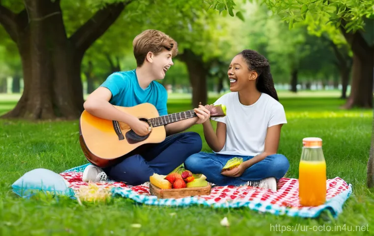 옥토넛 제작 초기 아이디어 - **Prompt 1: "A group of diverse teenagers, aged 15-17, are joyfully engaged in a vibrant outdoor pic...