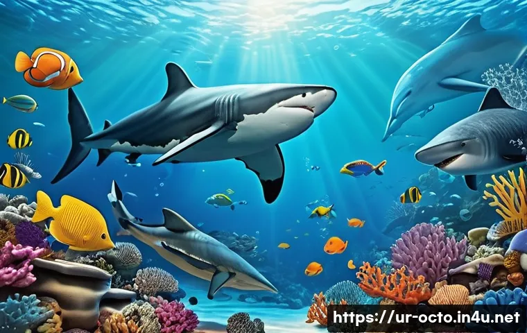 옥토넛의 과학적 사실과 허구 - A vibrant underwater scene featuring a variety of marine creatures inspired by the Octonauts series,...