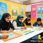 옥토넛 팬덤 커뮤니티 활동 - A vibrant and warm community gathering of Urdu-speaking parents and children engaging in a creative ...