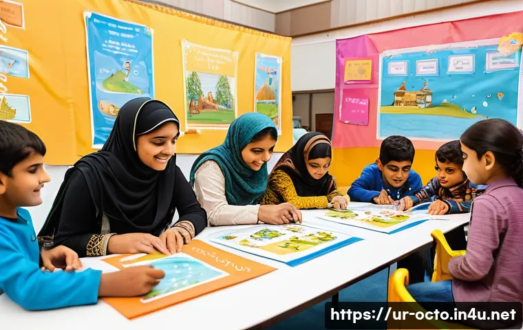 옥토넛 팬덤 커뮤니티 활동 - A vibrant and warm community gathering of Urdu-speaking parents and children engaging in a creative ...