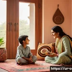 옥토넛 OST 작곡 비하인드 - A warm and inviting scene of a cozy living room where a South Asian mother and her young children, w...
