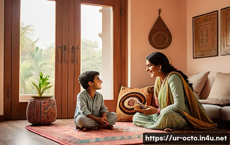 옥토넛 OST 작곡 비하인드 - A warm and inviting scene of a cozy living room where a South Asian mother and her young children, w...