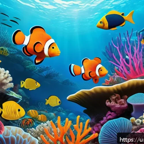 옥토넛 퀘이지의 호기심과 배움 - A vibrant underwater scene featuring colorful marine animals such as clownfish, octopuses, and seaho...