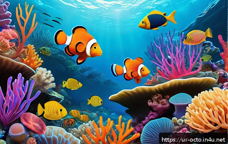 옥토넛 퀘이지의 호기심과 배움 - A vibrant underwater scene featuring colorful marine animals such as clownfish, octopuses, and seaho...