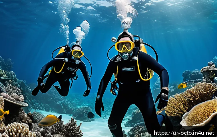 옥토넛 주요 대원들의 도전 이야기 - A brave team of Octonaut adventurers underwater, wearing functional diving suits and helmets with vi...