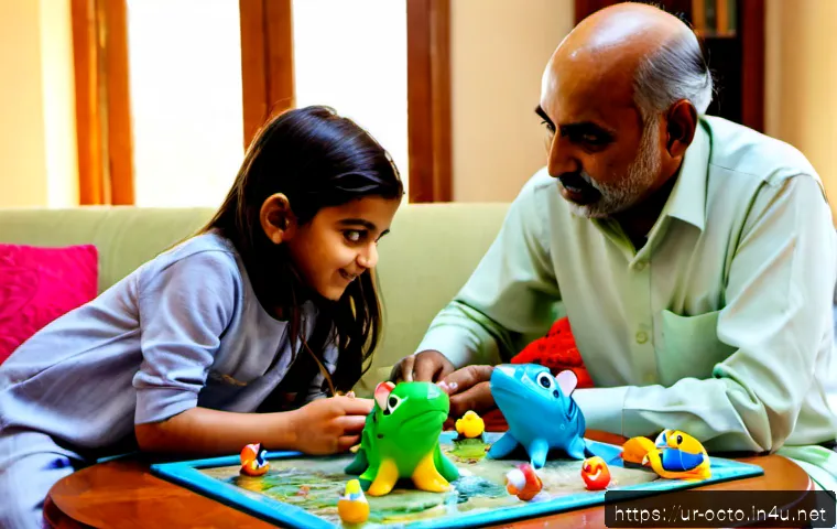 옥토넛 캐릭터 이름 유래 - Photorealistic Pakistani family scene, a curious child and grandfather exploring a colorful ocean-an...