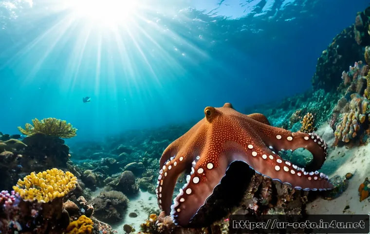 옥토넛 등장 동물들과 관련된 다큐멘터리 - Photorealistic underwater wildlife documentary scene of a gentle giant Pacific octopus exploring a c...