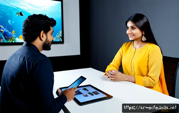 Home 17 옥토넛 메인 제작진 인터뷰 - Photorealistic behind-the-scenes interview in a modern animation studio, a Pakistani Urdu-speaking f...