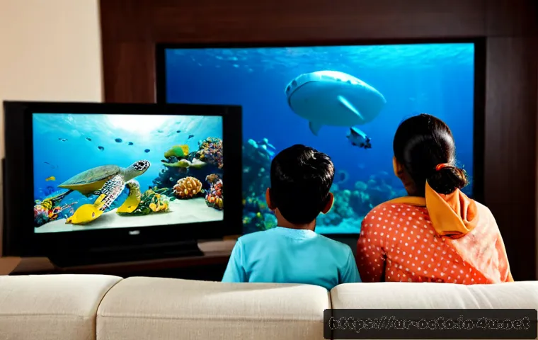 Home 17 옥토넛 어린이 교육용 비디오 - Photorealistic Pakistani family watching a children’s underwater educational video on a large home t...